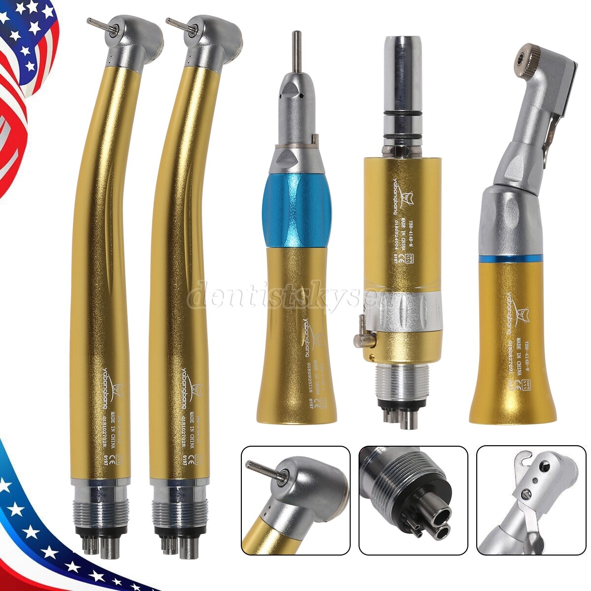High Speed /Low Speed Handpiece Kit 4Holes Contra Angle Golden Dental