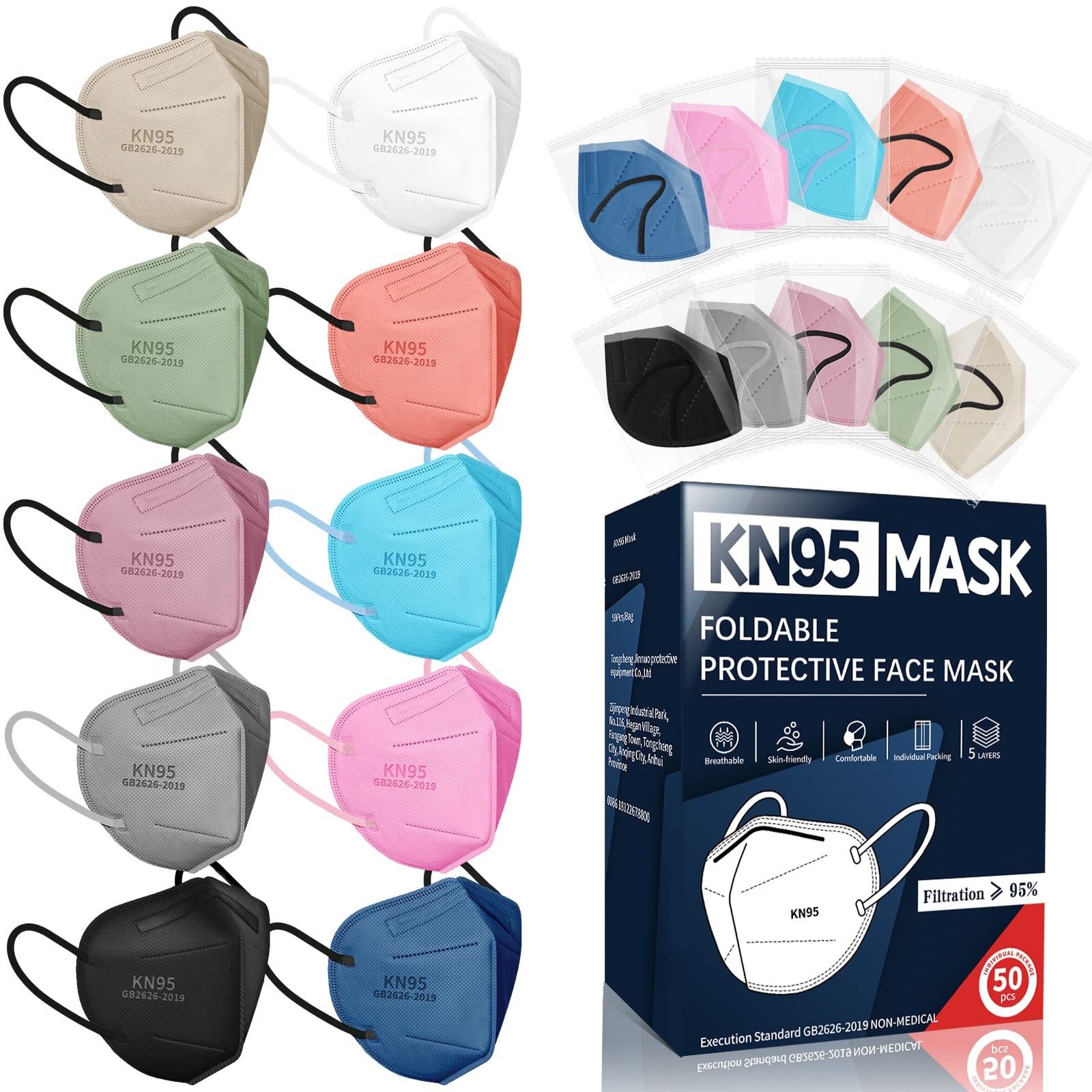 KN95 Face Masks for Adults 50 Pack 10 Colors Disposable KN95 Masks 5 Layer