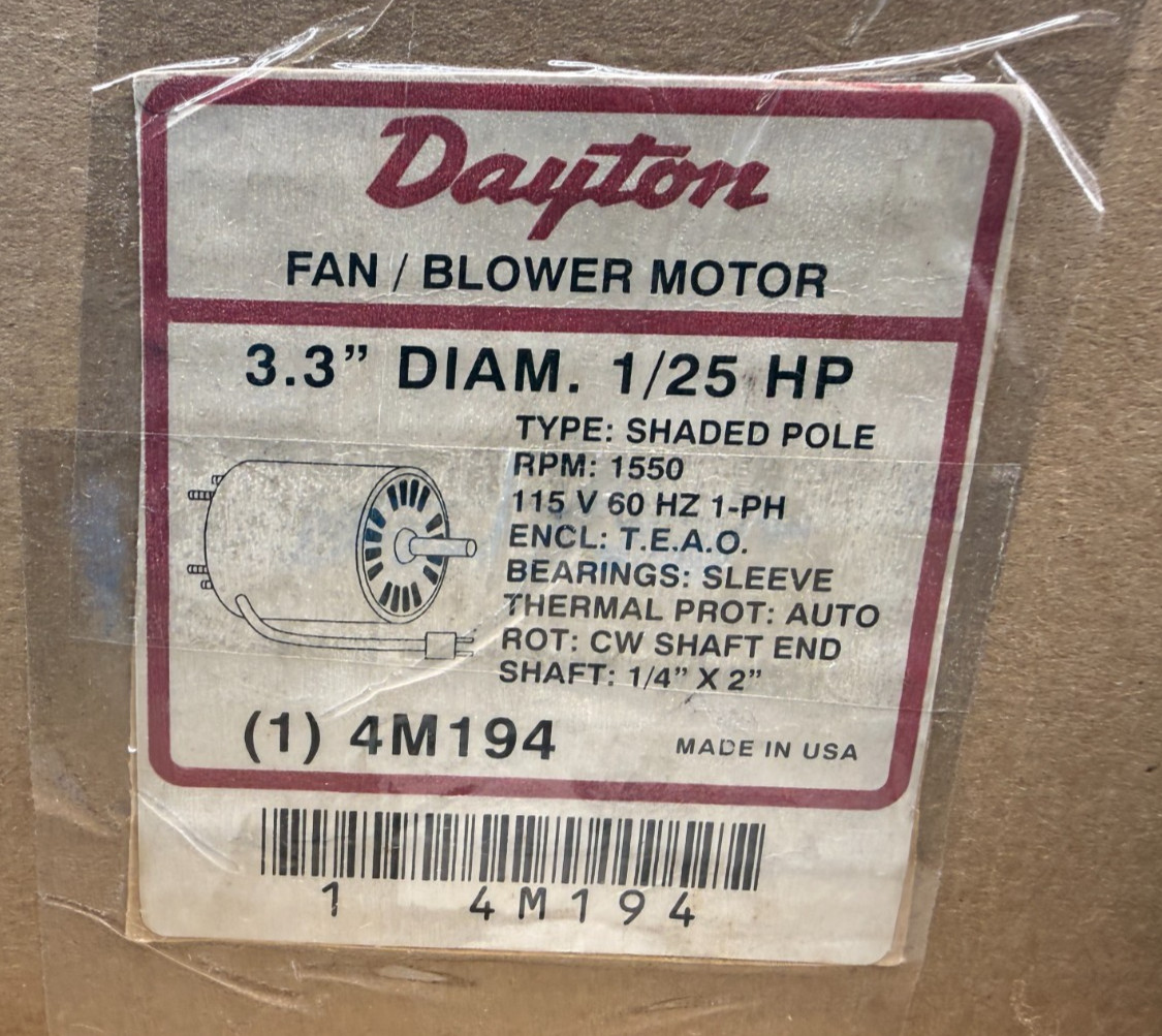 Dayton 4M194 Fan Blower Motor 1/25HP 115V 1550RPM 3.3in Shaded Pole