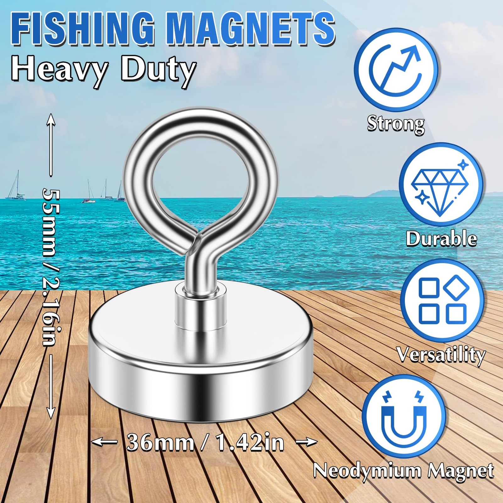 NIUKNOW Neodymium Fishing Magnet, 150 lbs Pulling Force, 1.42 inches, Silver