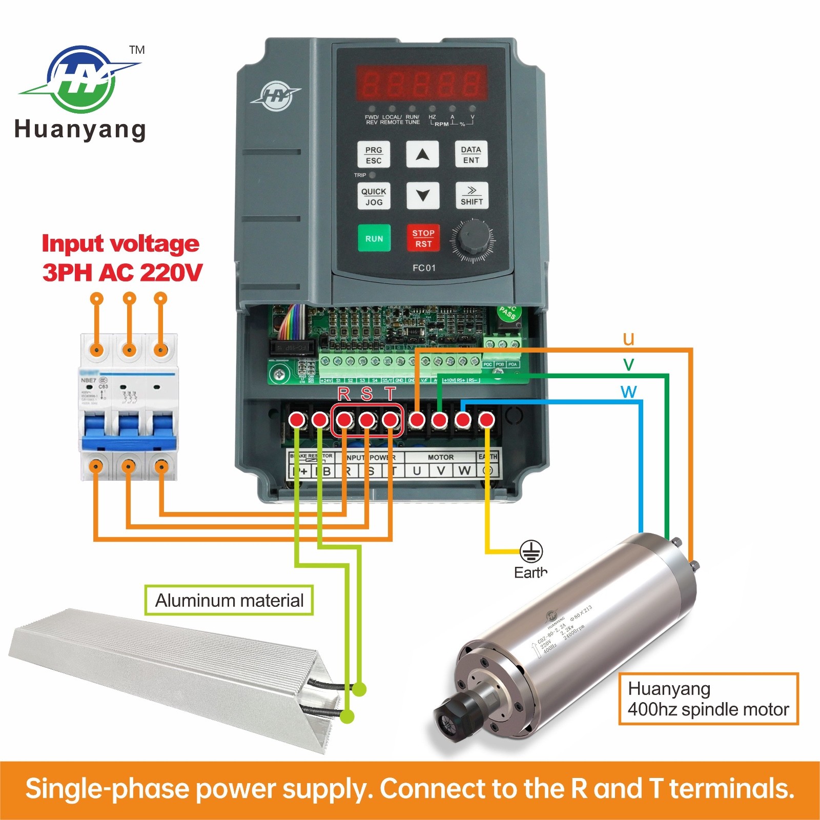 Huanyang VFD 220V 5HP 4KW Inverter CNC single phase to 3 phase for Motor
