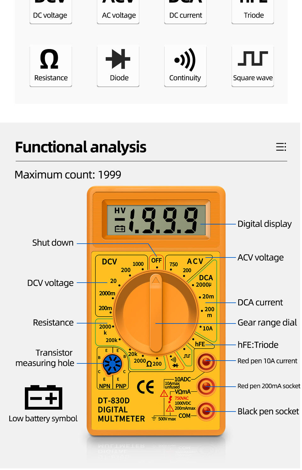DT830D Mini Digital Multimeter Voltmeter Voltage Ampere Ohm Tester DC AC Ammeter