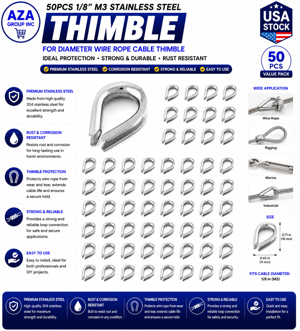 50Pcs 1/8″ M3 Stainless Steel Thimble for Diameter Wire Rope Cable Thimbles Rigg