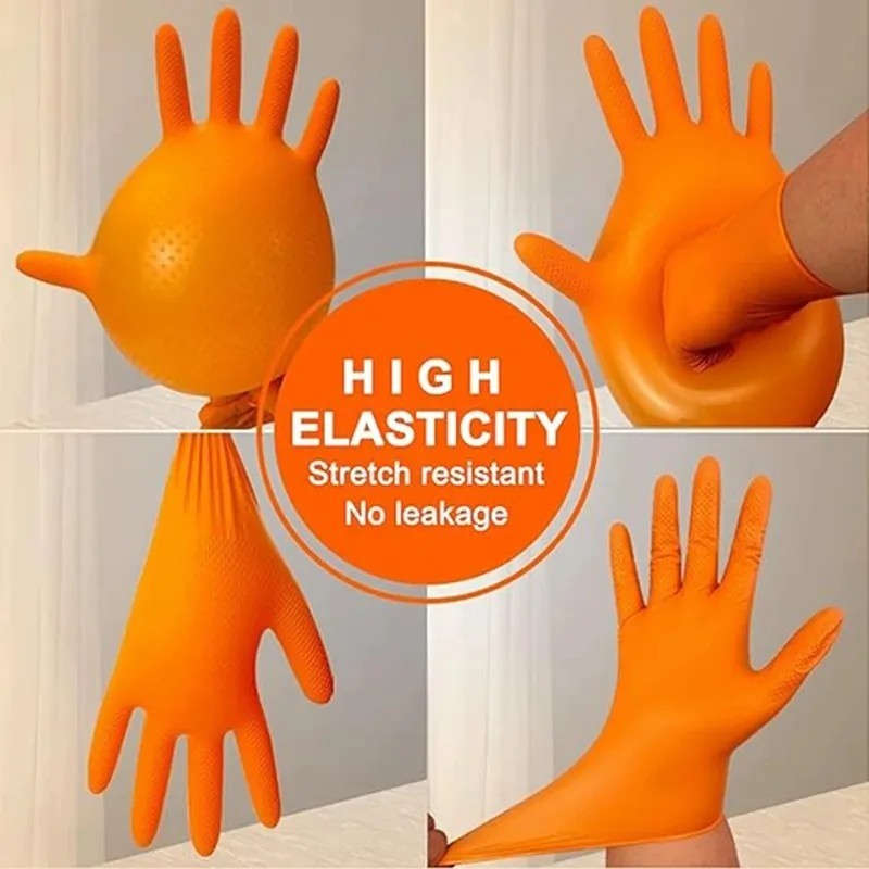 Heavy Duty Orange Industrial Nitrile Extra Thick Gloves with Textured Grip 8-mil