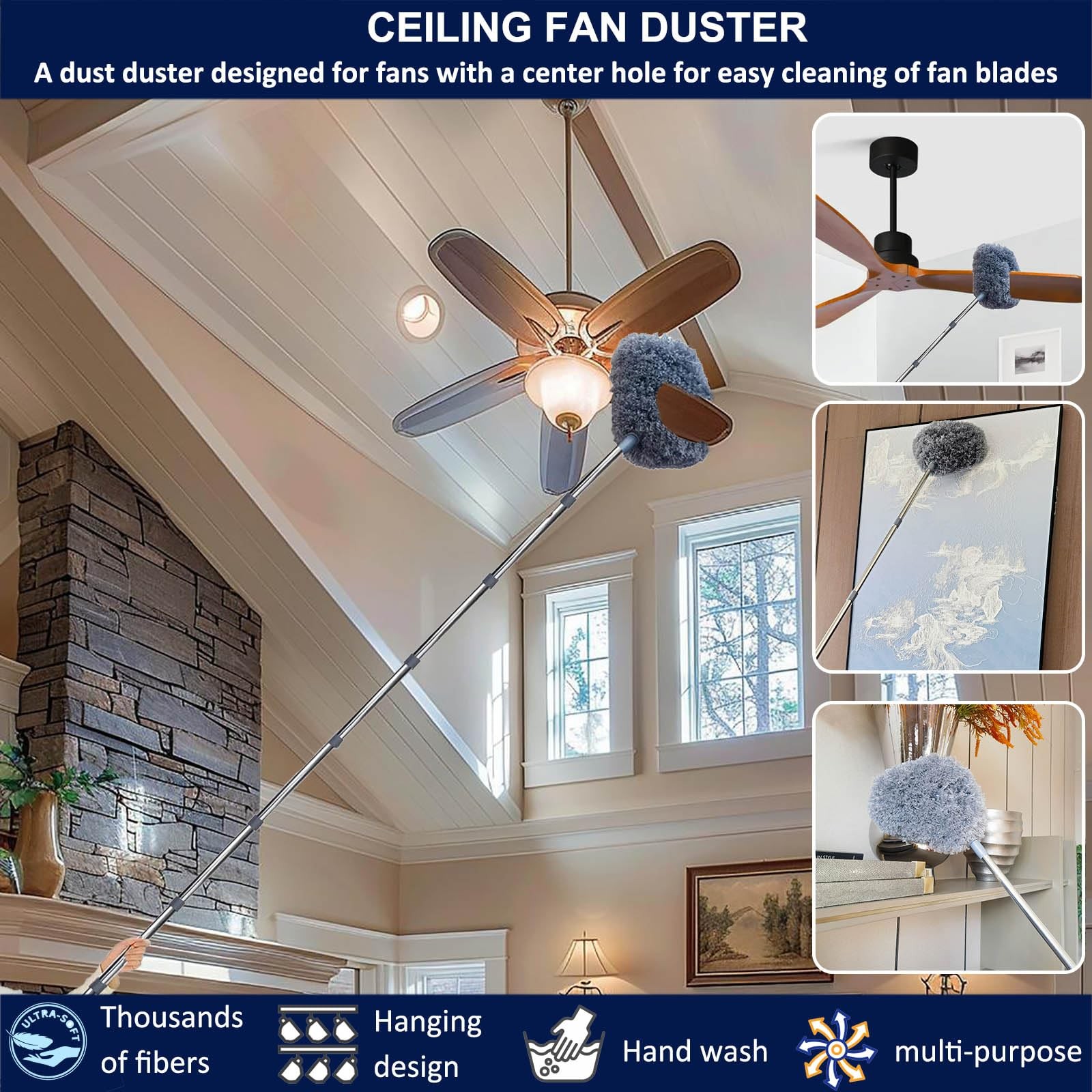 Tonmp 20 Ft High Reach Ceiling Fan Brush 3-14 Ft Spliceable Pole Microfiber