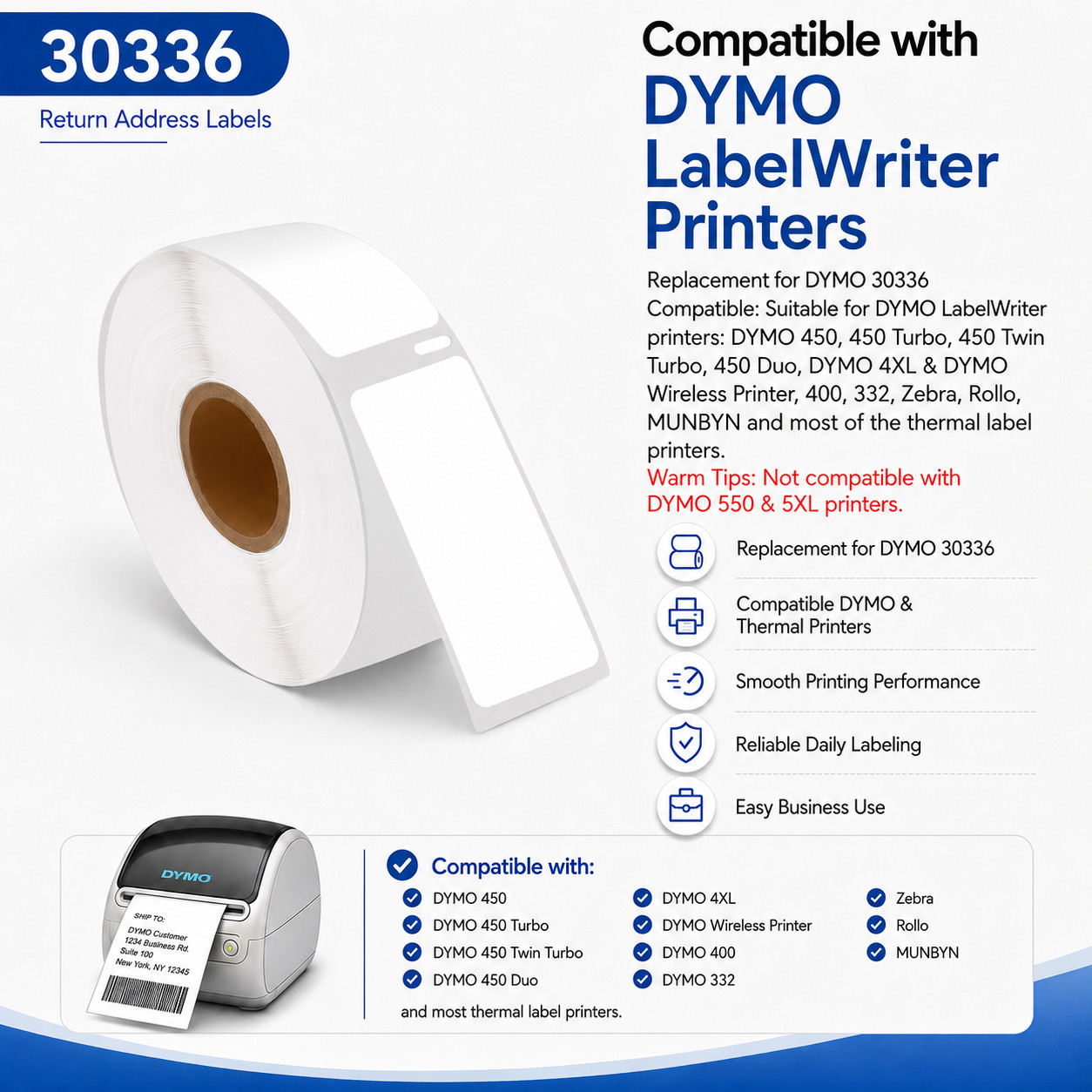 Multipurpose Labels Compatible For Dymo Labelwriter 30336 500/Roll 1” X 2 1/8”