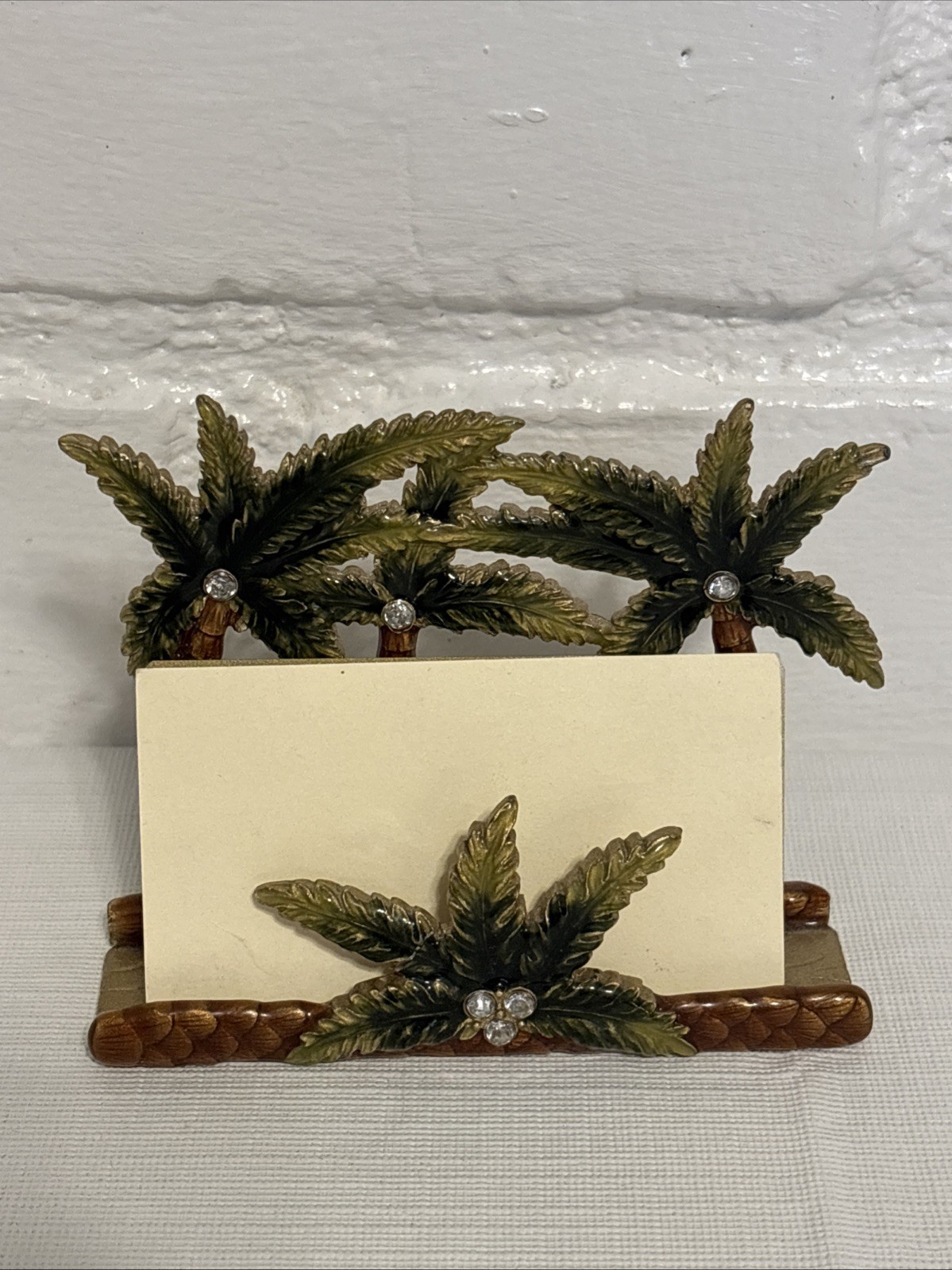 VTG Enamel Heavy Business Card Holder Desk Palm Trees Rhinestones Metal Art
