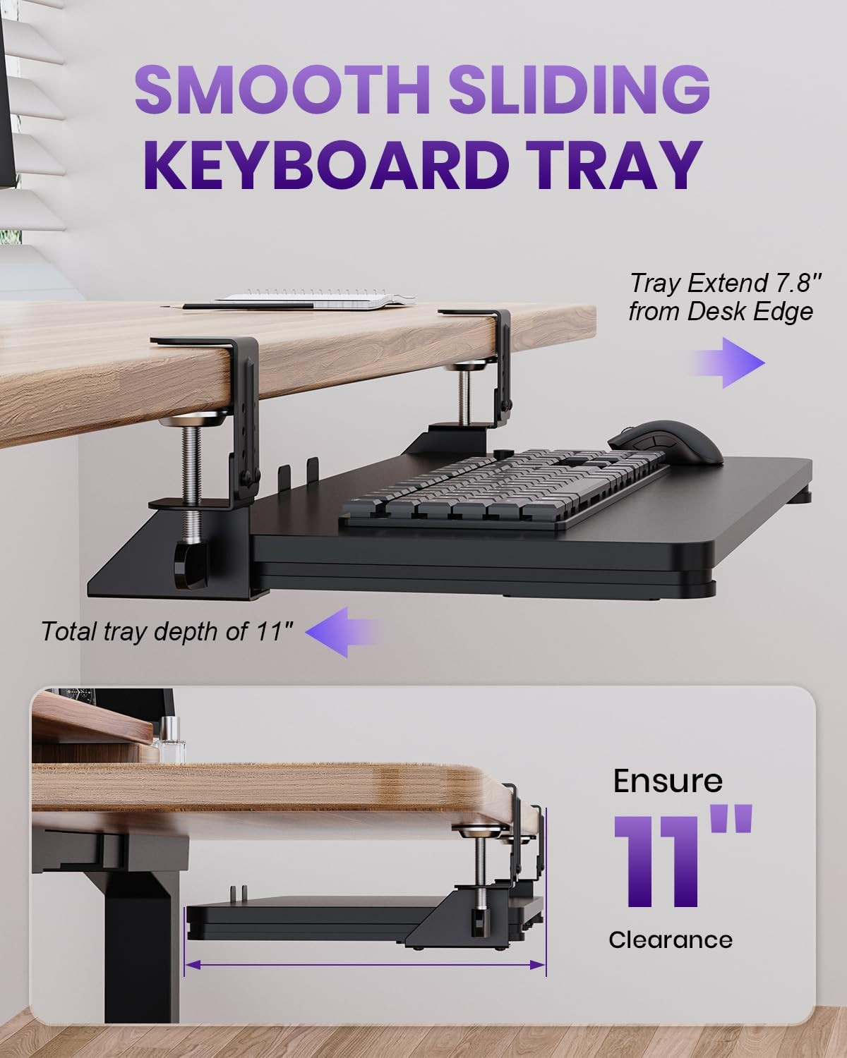 Ergonomic Keyboard Tray under Desk, Pull Out with Adjustable C-Clamp, 25.6 (31.5