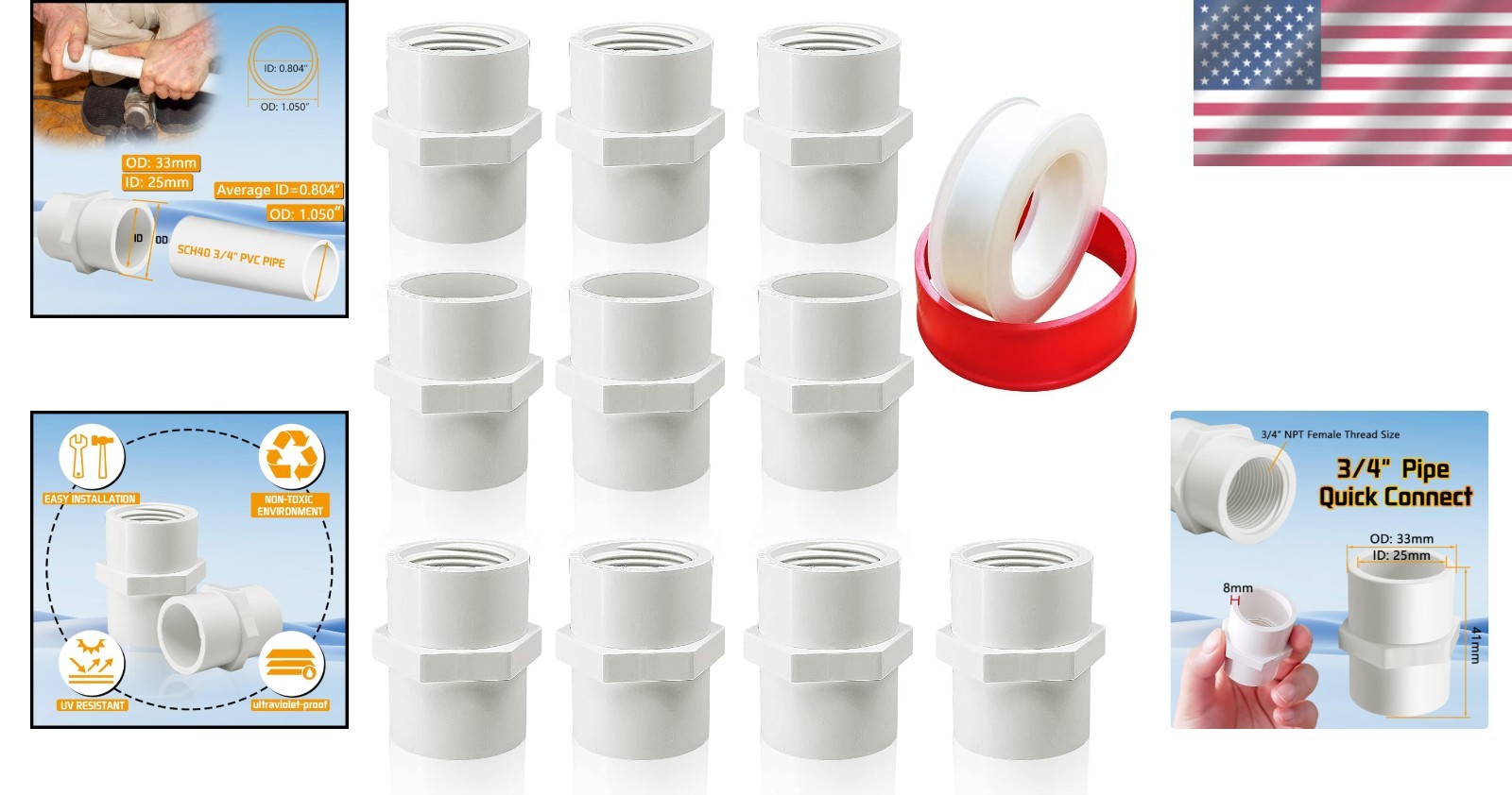Versatile 10-Pack of 3/4» PVC Threaded Pipe Couplings – High-Quality Material