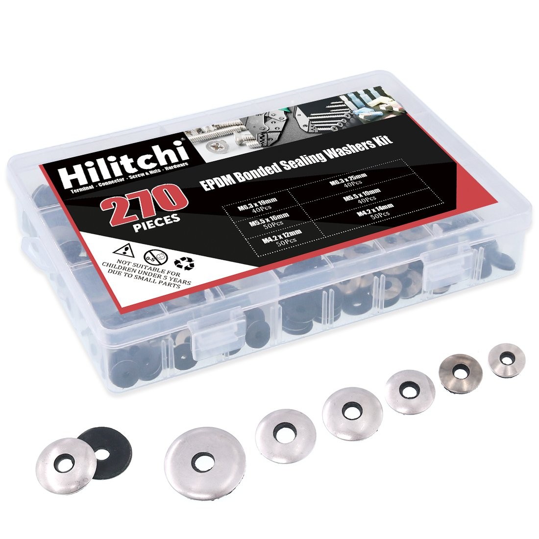 Hilitchi 270-Pcs #6#8#10#12 Stainless Steel Neoprene 4.2 millimeters, Silver