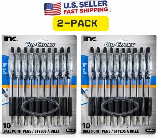 Set of 2 Retractable Ballpoint Pens Black Ink 1.0mm 20 Total Pens Office School