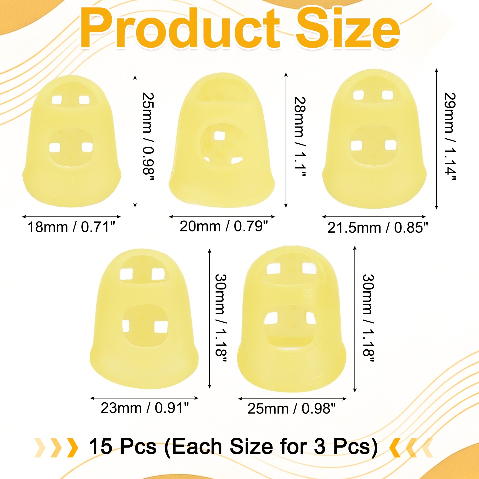 15 Pcs Silicone Finger Tips, 18/20/21.5/23/25mm Reinforced Finger, Yellow