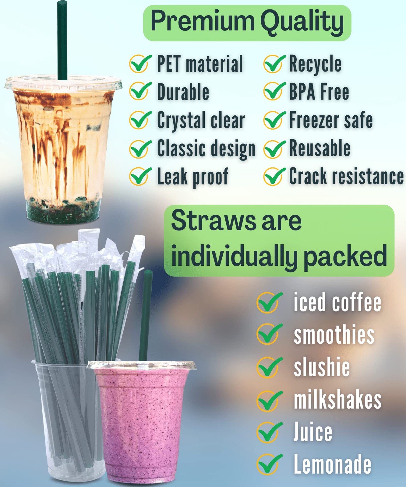 12 oz Clear Plastic Cups with Lids and STRAWS, Disposable 50 Piece Set, 12