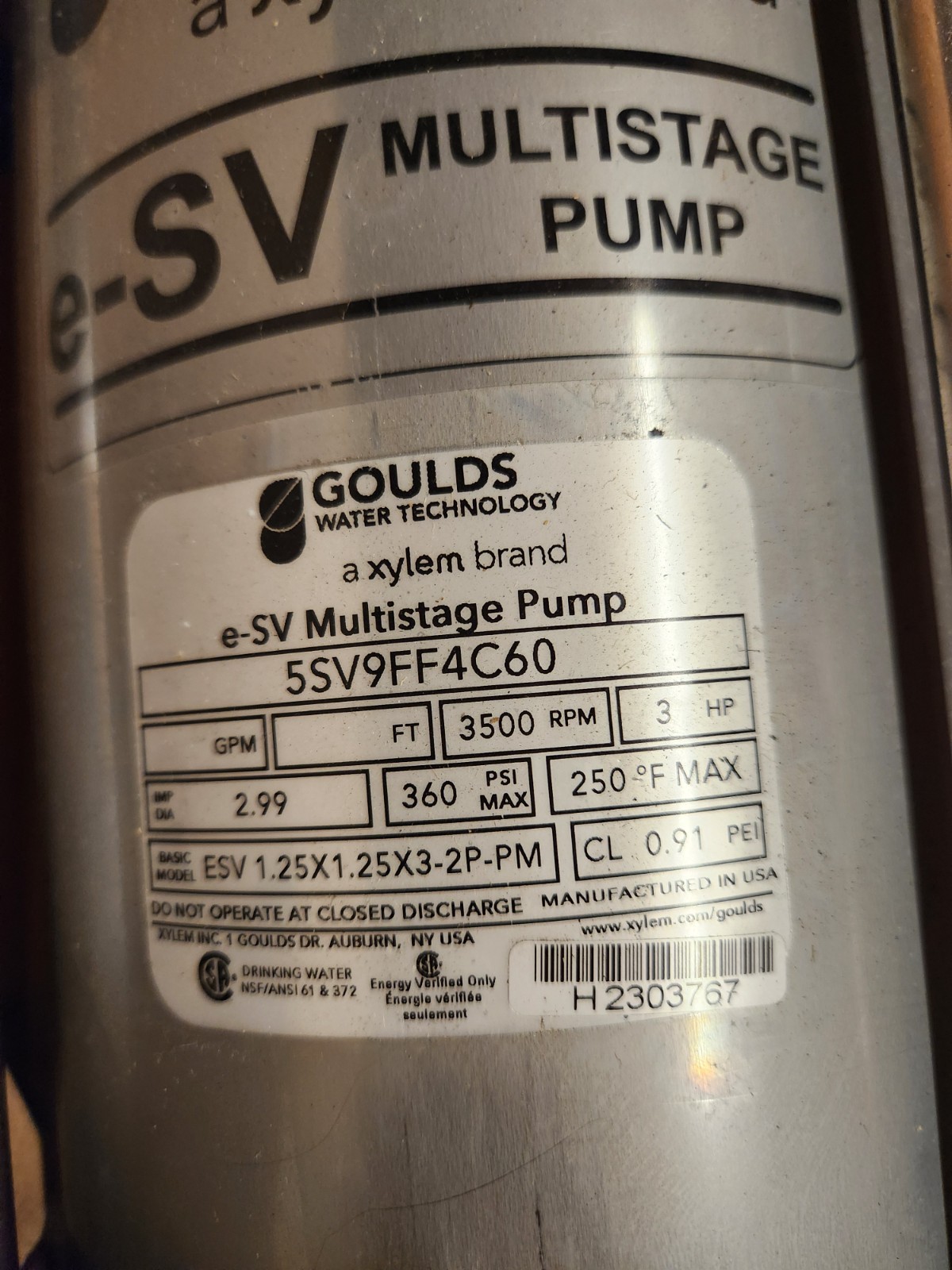 NEW 5SV9FF4C60 GOULDS e-SV Vertical Multistage Pump w/ Motor 3HP 3500RPM