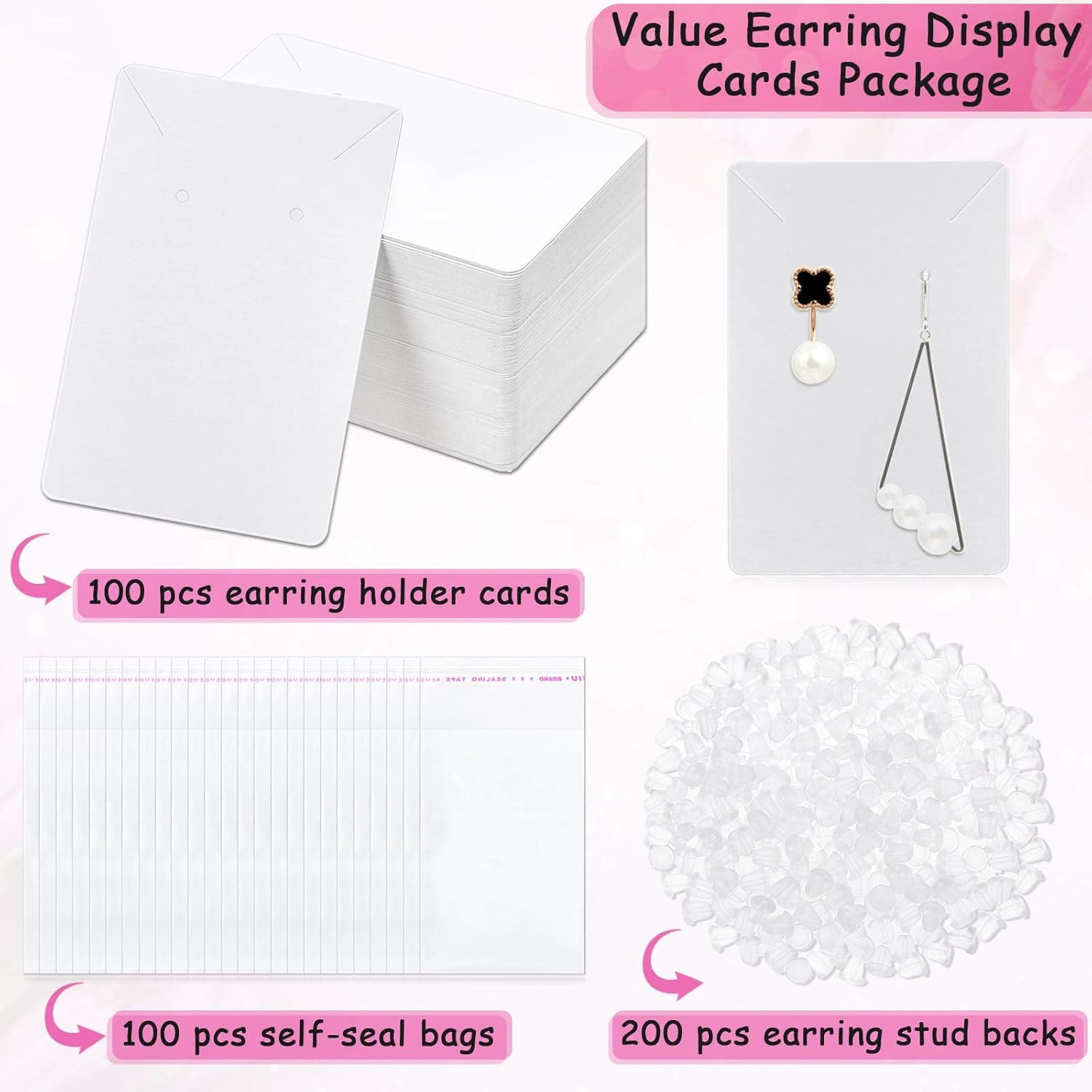 White Earring Packaging Kit – 400 Pcs with Display Cards, Self-Sealing Bags, Ear