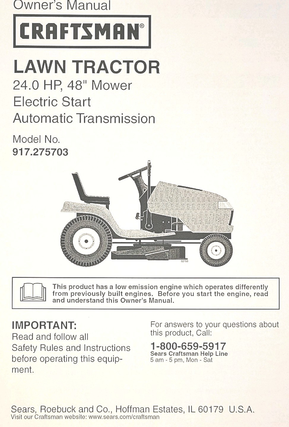 Sears Craftsman 24.0 hp 48” DYT4000 Lawn Tractor 917.275703 Owner & Parts Manual