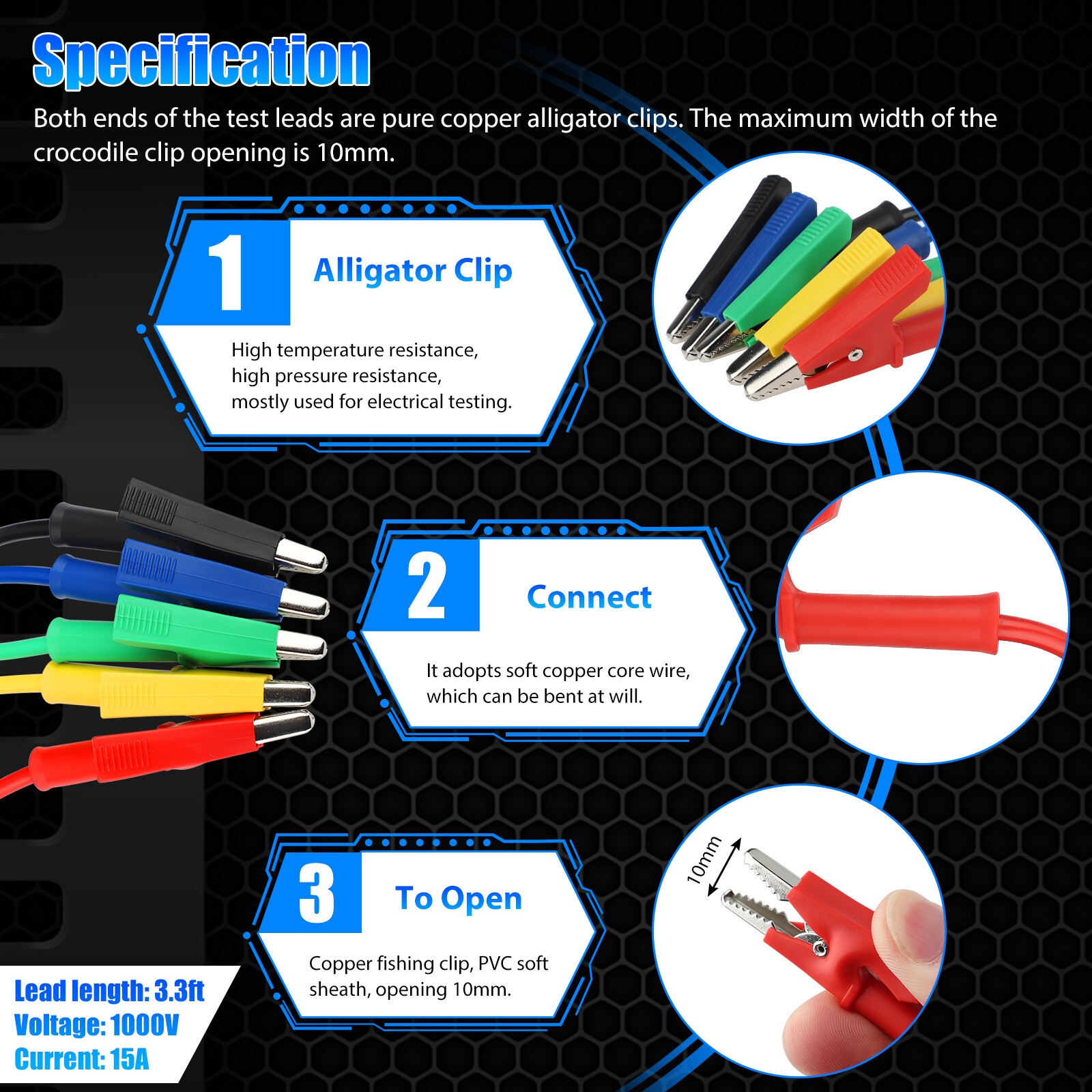 5Pcs 30V 15A Alligator Clips Electrical Test Leads Set Jumper Wires Cables Set