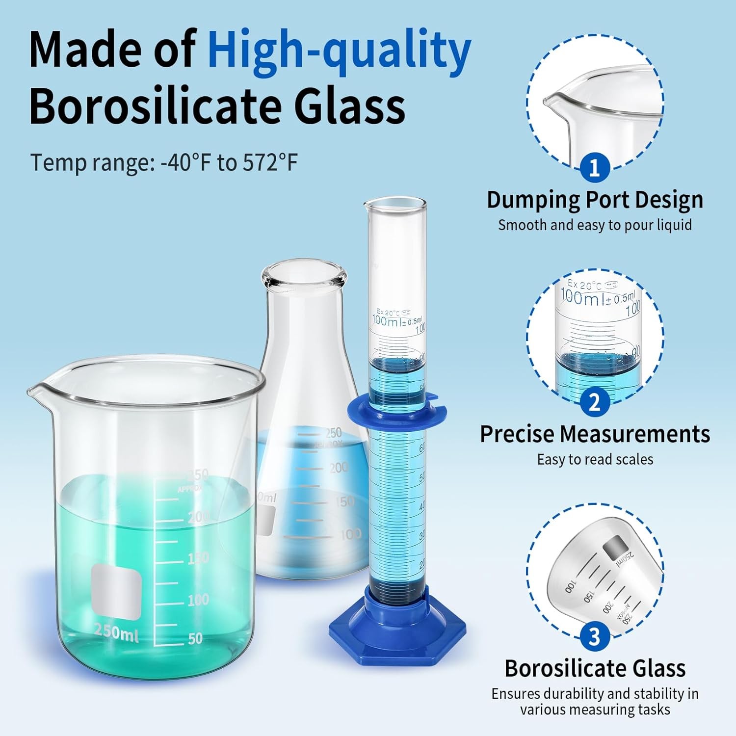 Set of 9 Laboratory Glassware Set Science Lab Chemistry Beaker 50/100/250ML