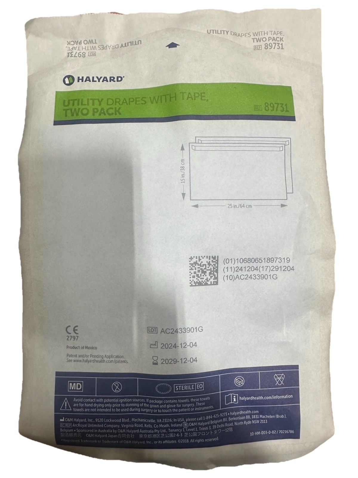 Halyard 89731 Utility Drapes w/ Tape 2 Pack Case of 200 Sterile EO Exp 2029