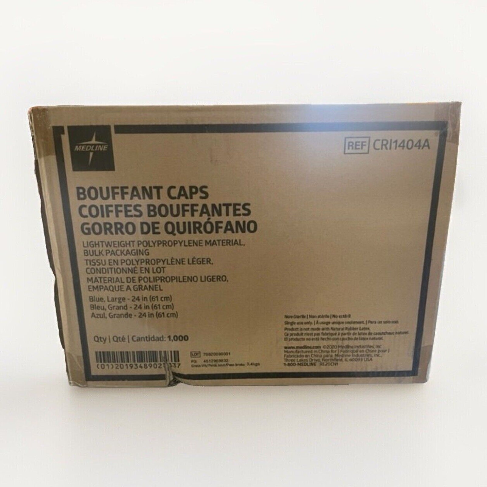 Medline 1000 Case of 24″ Blue Bouffant Cap Non Woven Disposable Hairnet CRI1404A