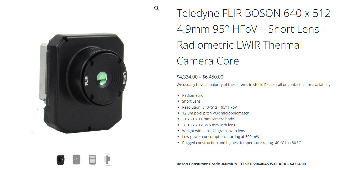 FLIR Boson 640×512 60Hz 4.9mm 95° FOV Thermal Camera 20640A095-6CAAX