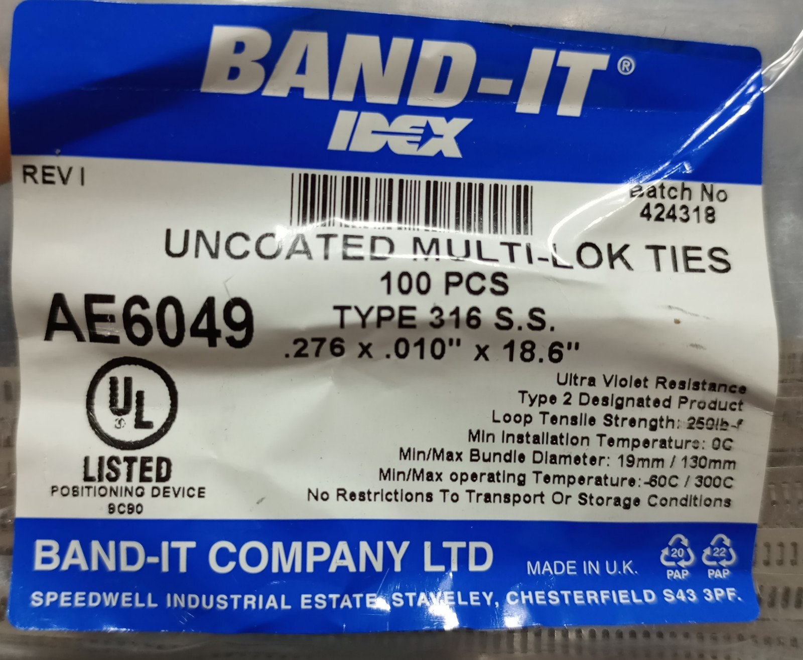 Lot Of 100 Band It Idex AE6049 Uncoated Multi Lok-Ties Type 316 S. S.