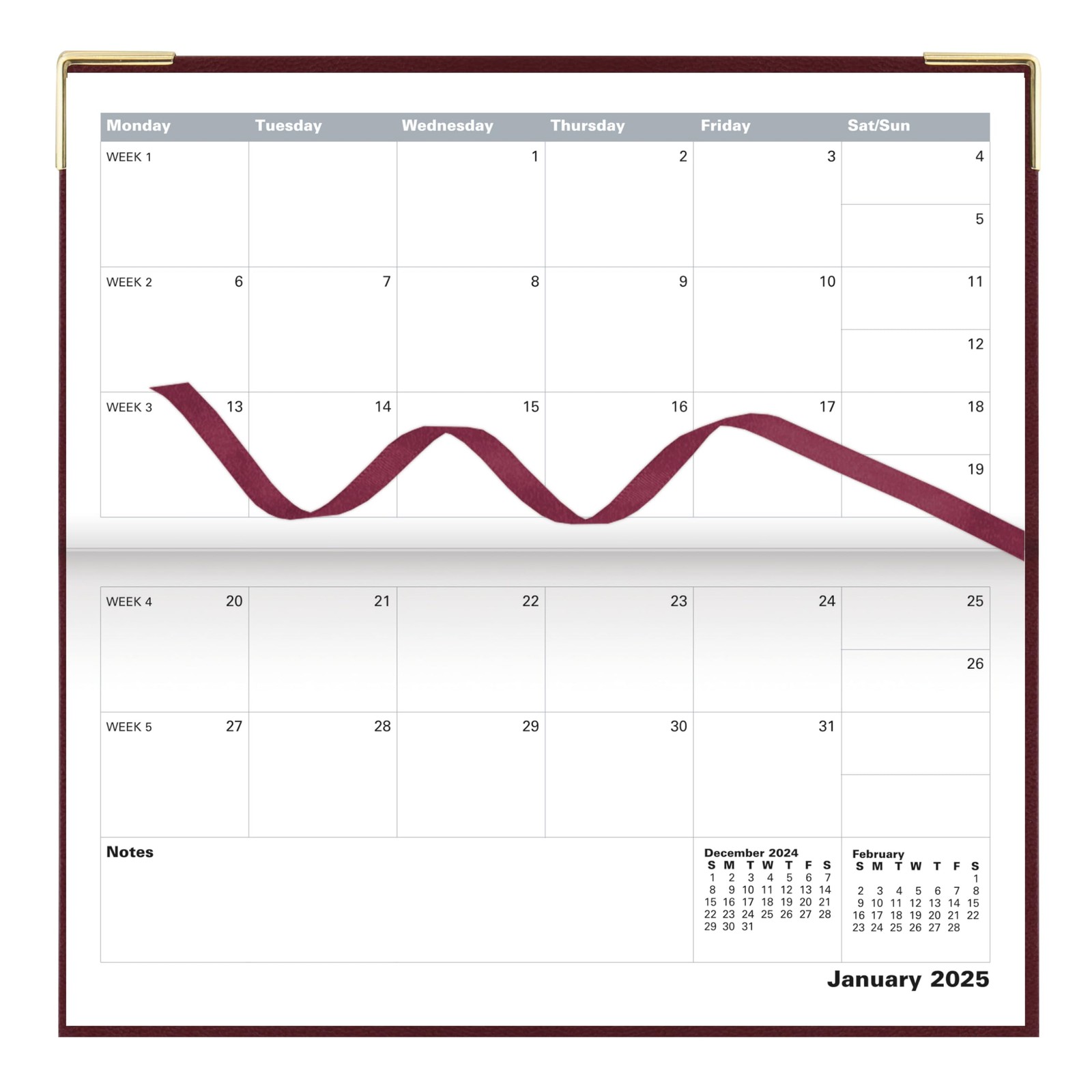 Letts of London Classic 2025 Monthly Planner, Slim, 6.625″ x 3.25″, Burgundy