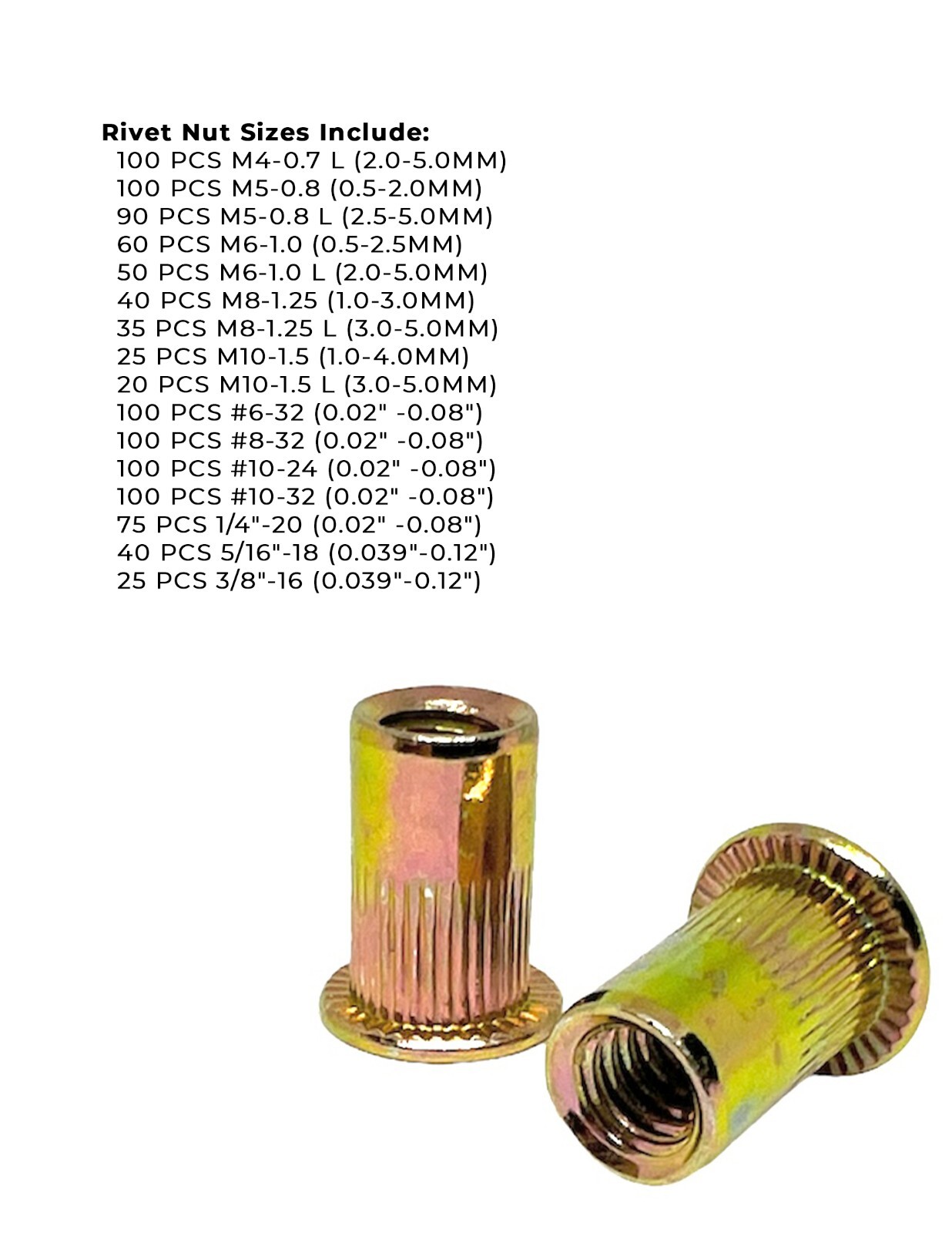 Inch & Metric Steel Rivet Nuts Zinc Yellow Assortment – 1061 PCS