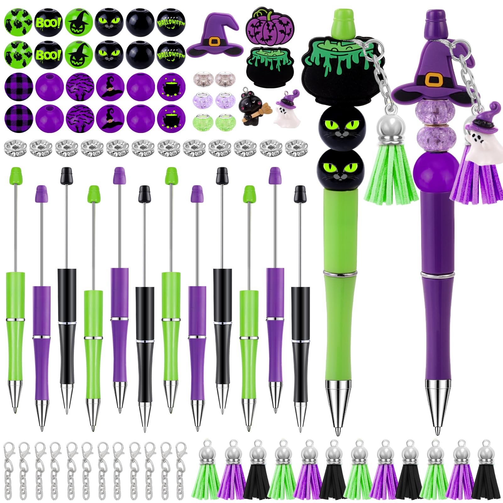 12 Set Halloween Beadable Pens Black Cat Witch DIY Kit Pendants ‎Multicolor