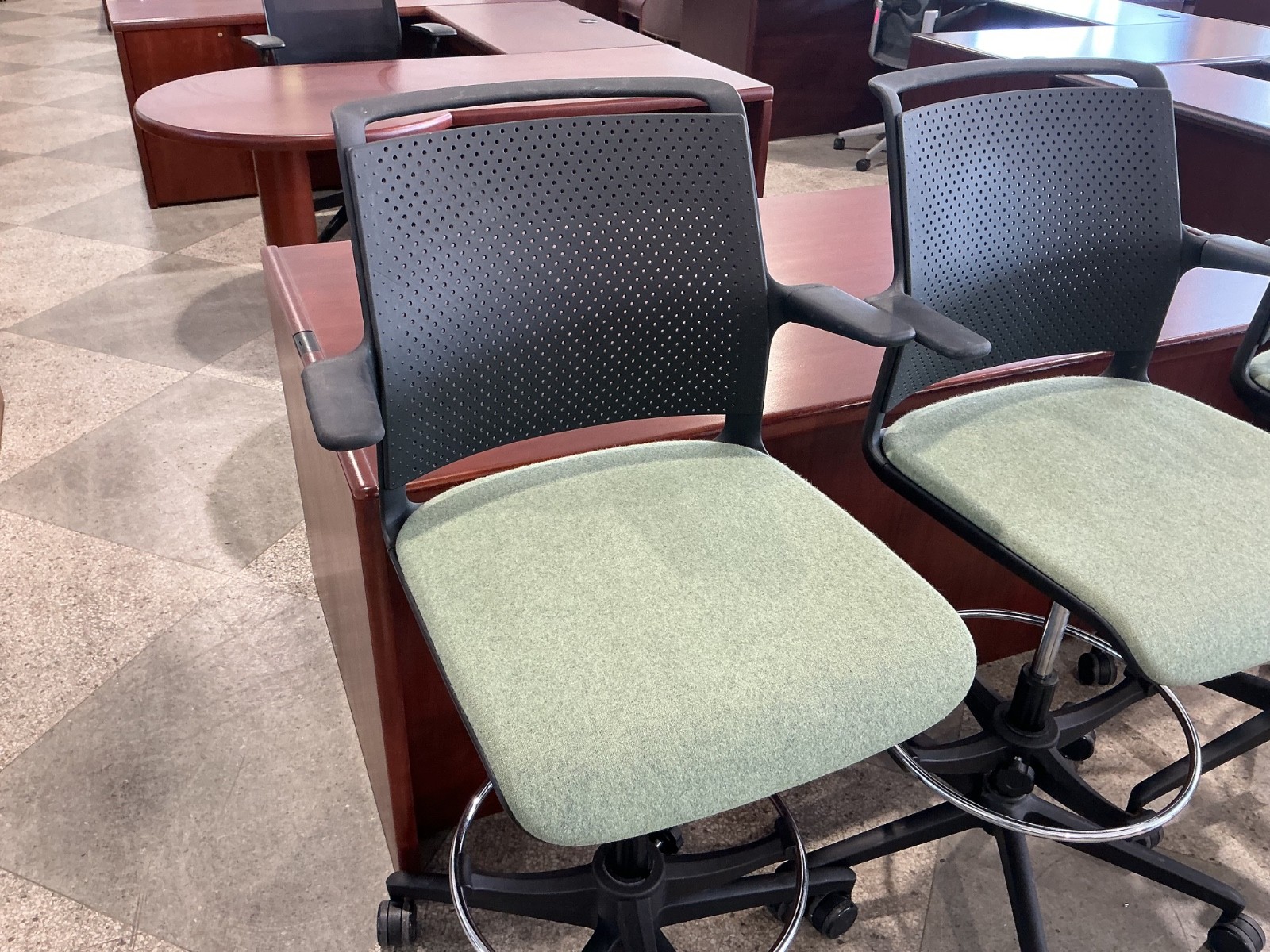 Drafting Chair / Stool w/ Green Designer Fabric Seat and Black Back by Allermuir