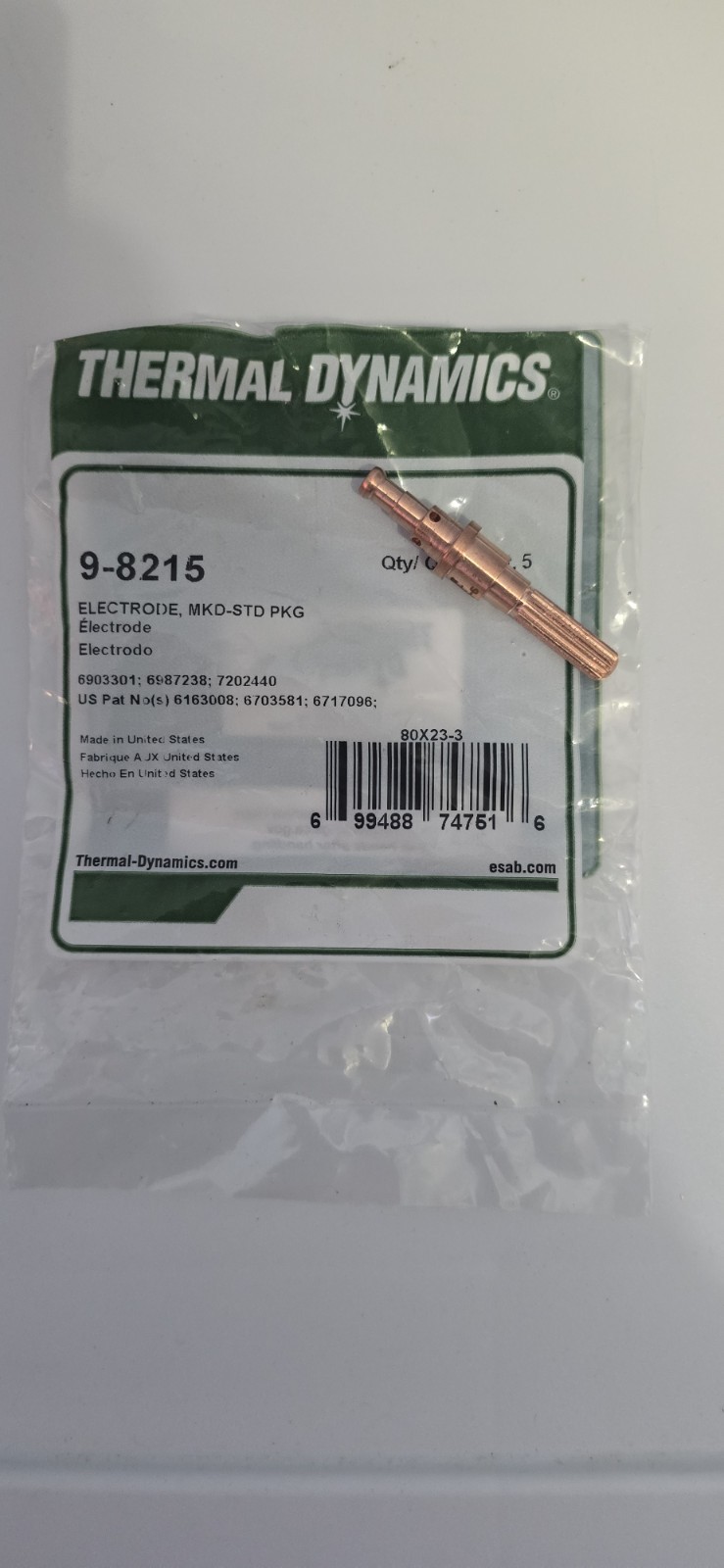 THERMAL DYNAMICS 9-8215 Thermal Dyn Plasma Cut Electrode, QTY 1