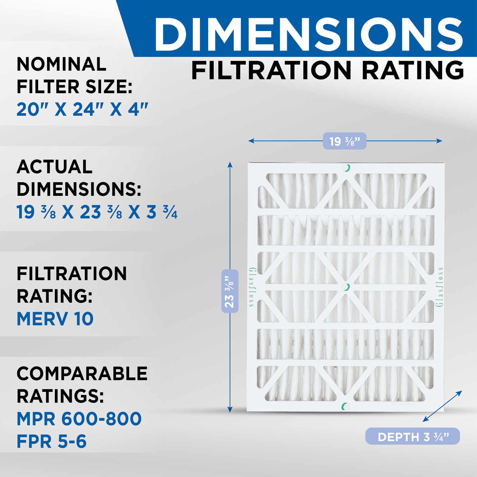 20x24x4 MERV 10 AC Air Filters. 6 PACK. Actual Size: 19-3/8 x 23-3/8 x 3-3/4