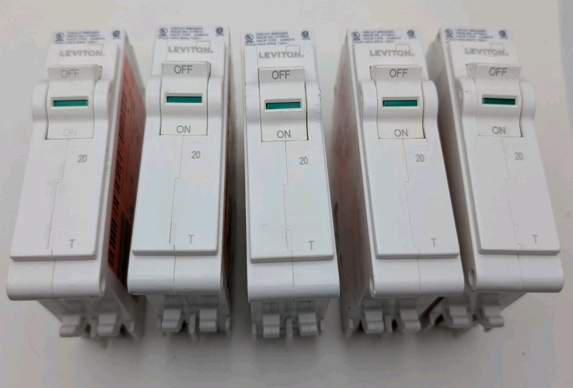 Lot of 5 Leviton LB120-T 20A 1-Pole Plug-On Standard Branch 20A (Storage Wear)