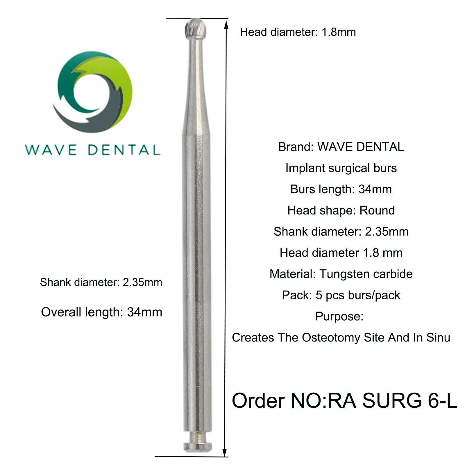 Wave Dental Burs Carbide Surgical Round Latch 26/34mm RA Slow Speed Contra Angle