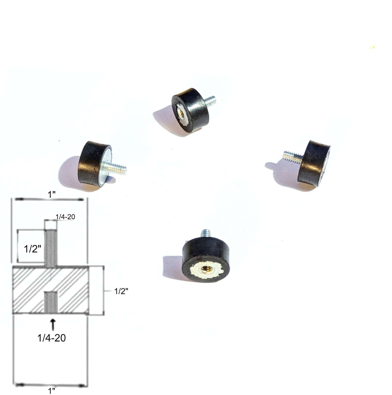 4 Rubber Vibration Isolator Mount (1″ Dia x 1/2″ Thk) 1/4-20 x 1/2″ Long Stud