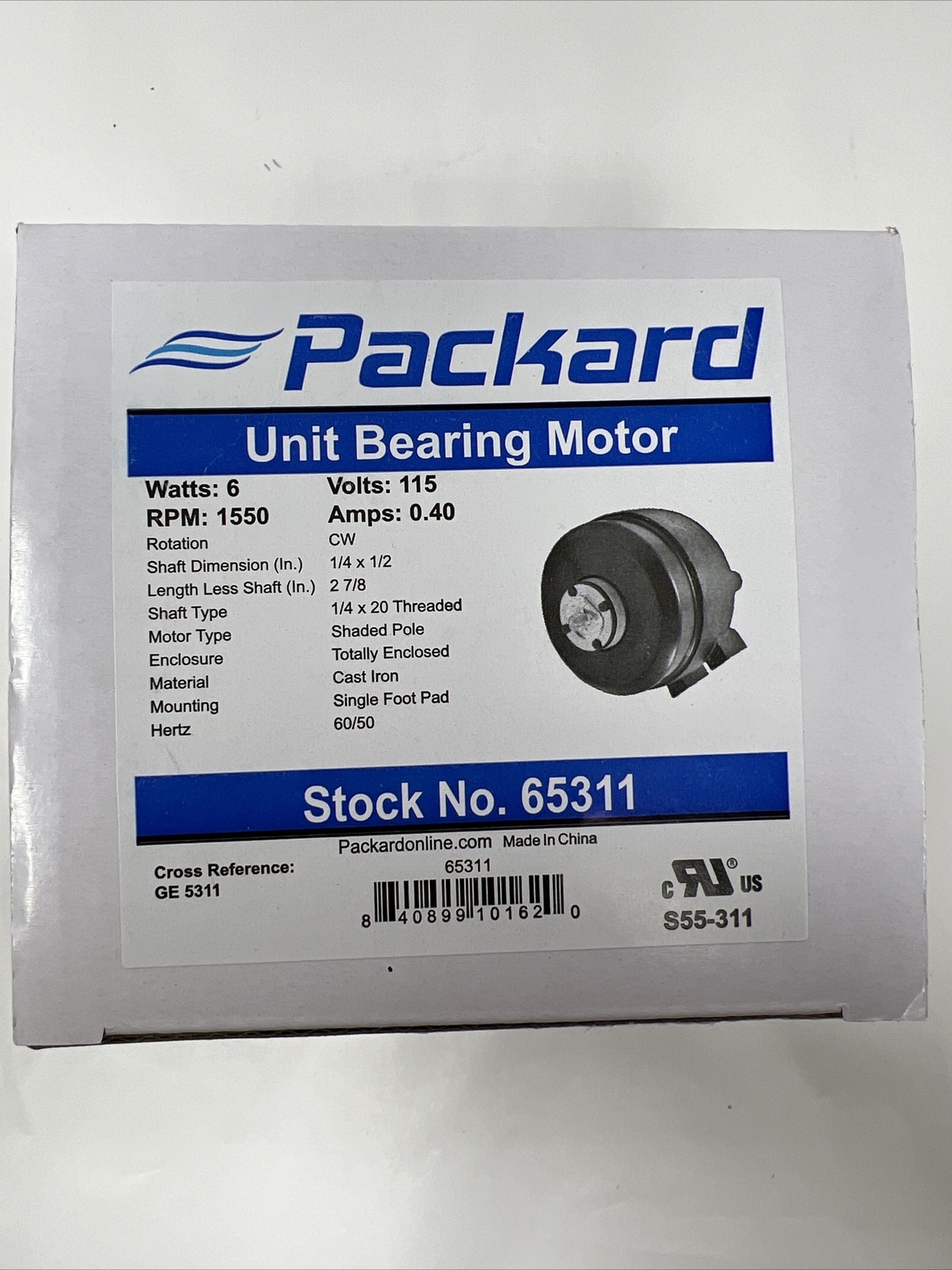 Packard Unit Bearing Motor 65311, 115 Volts, 0.4 Amps , 1550 RPM 1/4 x 20 Thread