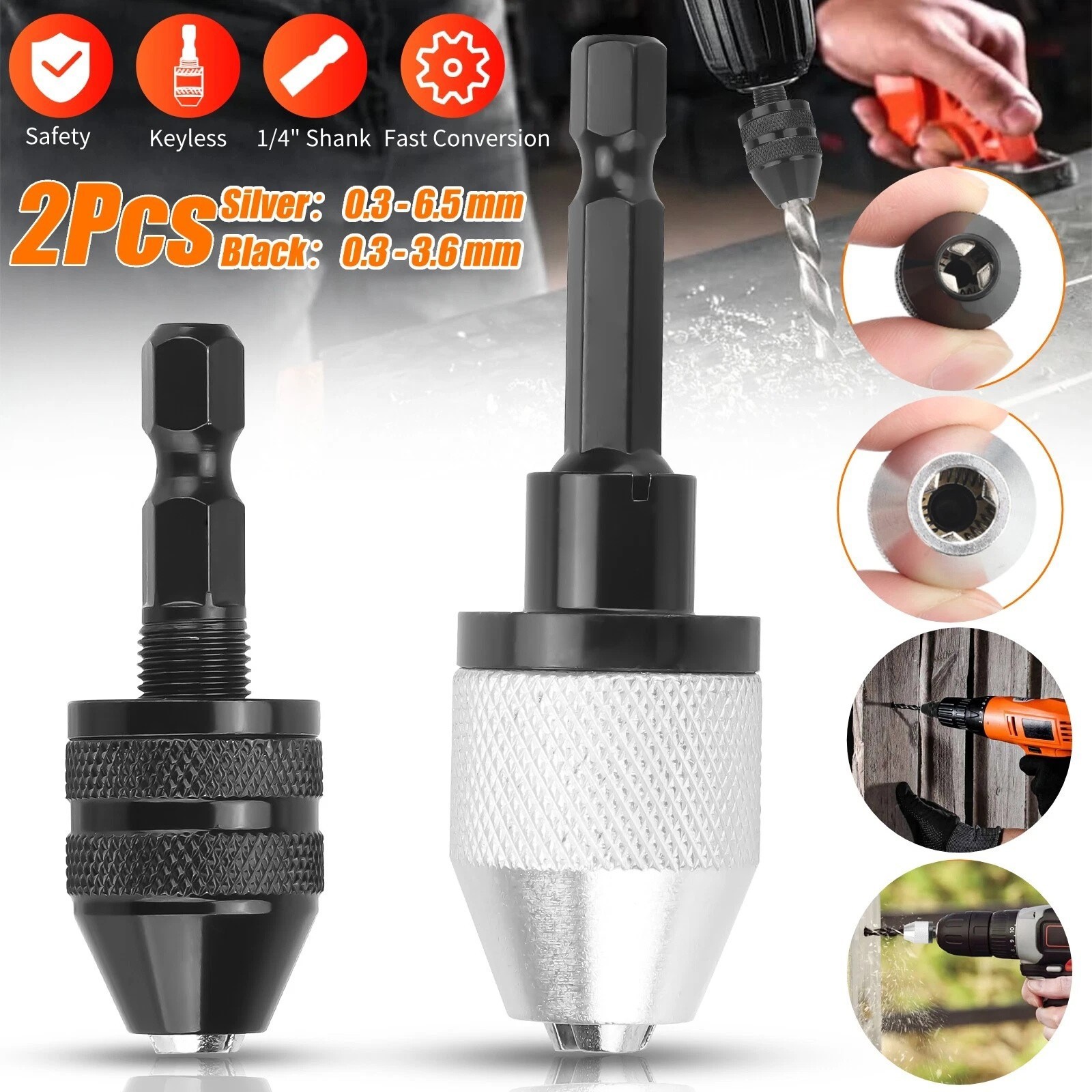 2x Keyless Chuck Conversion 1/4″ Hex Shank Adapter Drill Bit Quick Change Driver