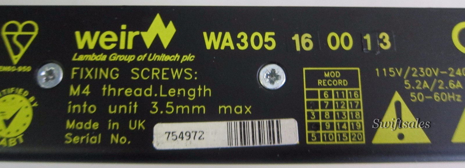 Weir Lambda UK WA305 16 00 13 – 300W Switching Power Supply – Fully Load Tested