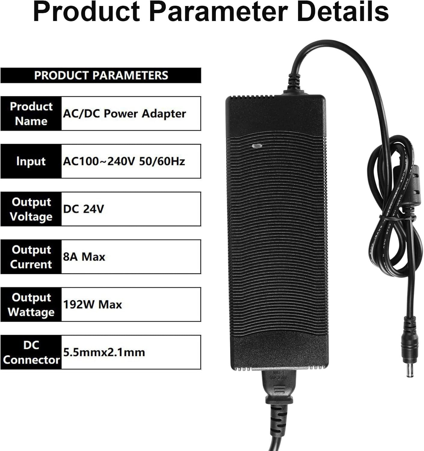24V 8A Power Supply Adapter, AC to DC Converter 100V-240V 24 Black