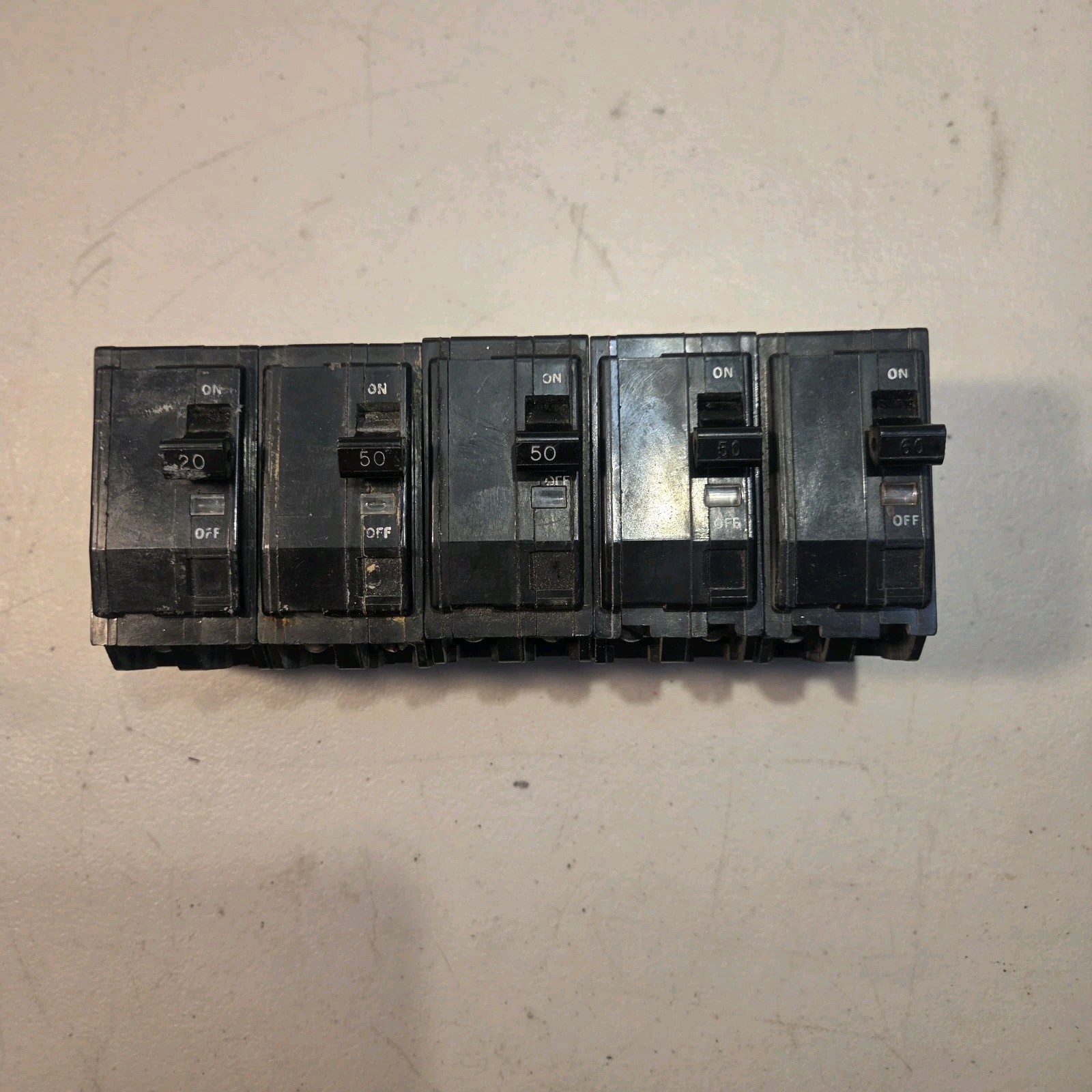 Lot of 5 Square D QO 2-Pole Circuit Breakers 20A 50A 60A Plug-In Pre-Owned