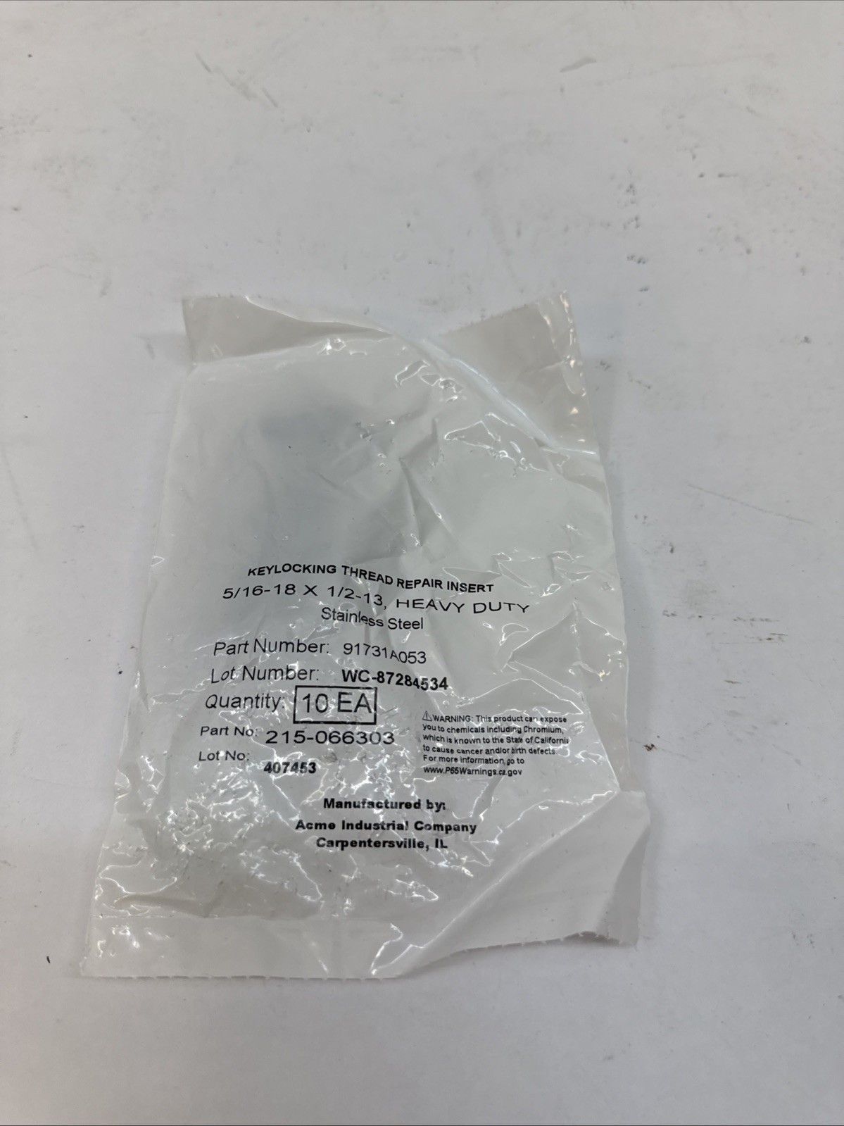 BAG OF 10 NEW ACME CO. 91731A053 5/16-18 X 1/2-13 HD SS THREAD REPAIR INSERT