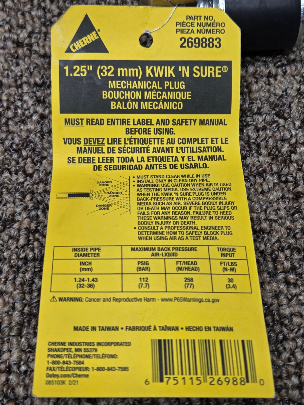 Cherne 269883 Pipe Plug, Mechanical, 1.25 In