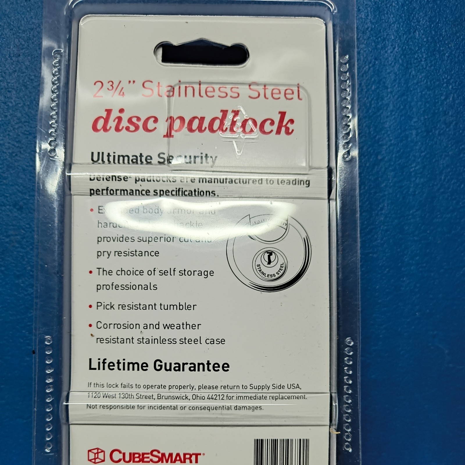 CubeSmart 2¾» Stainless Steel Disc Padlock New Key Lock Storage Locker U Haul