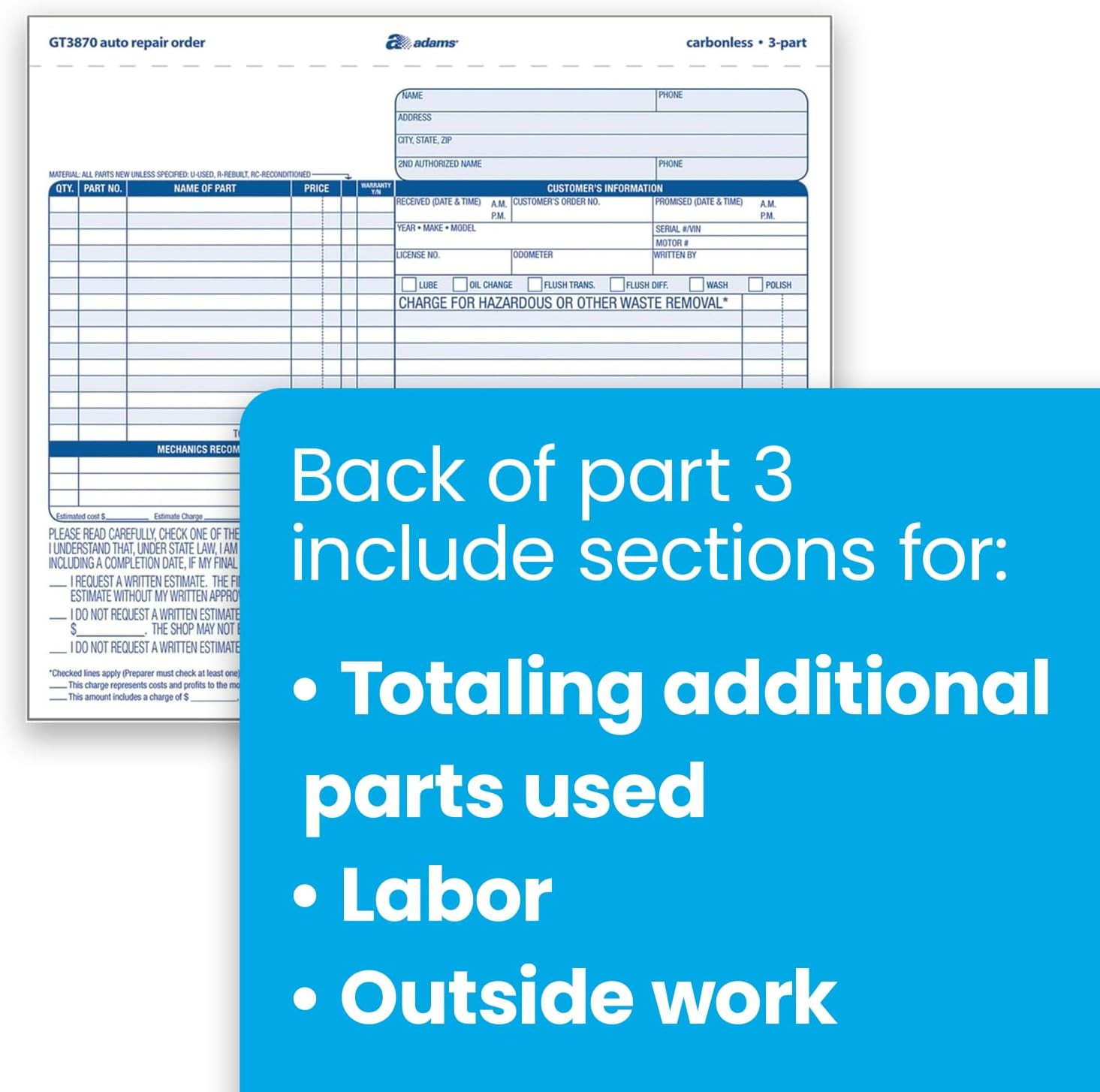 Adams Auto Repair Order Forms, 8.5 X 7.44 Inch, 3-Part, Carbonless, 50-Pack, Whi