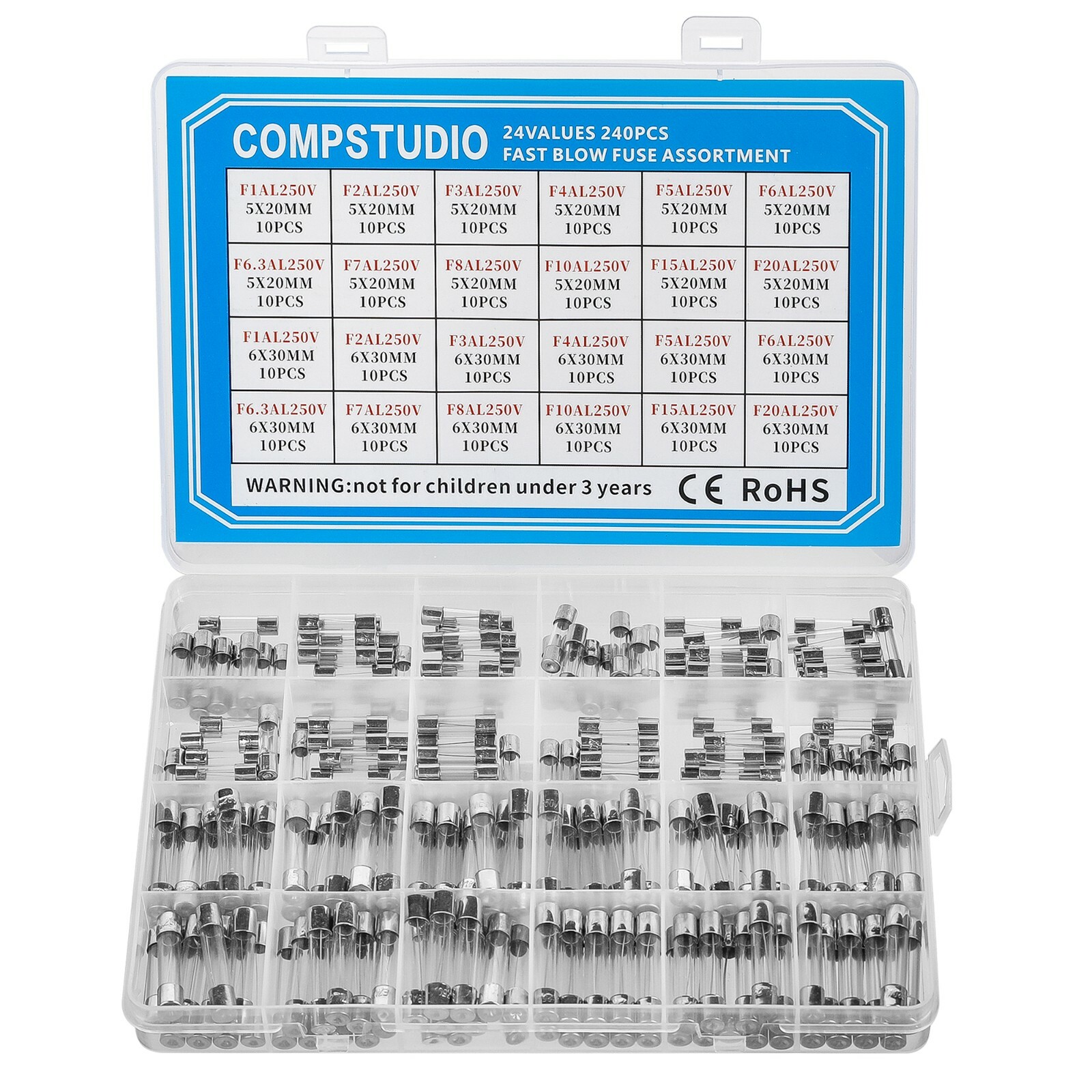 24 Values 240 Pcs Fast Blow Glass Fuses Assortment Kit 5x20mm&6x30mm 250V