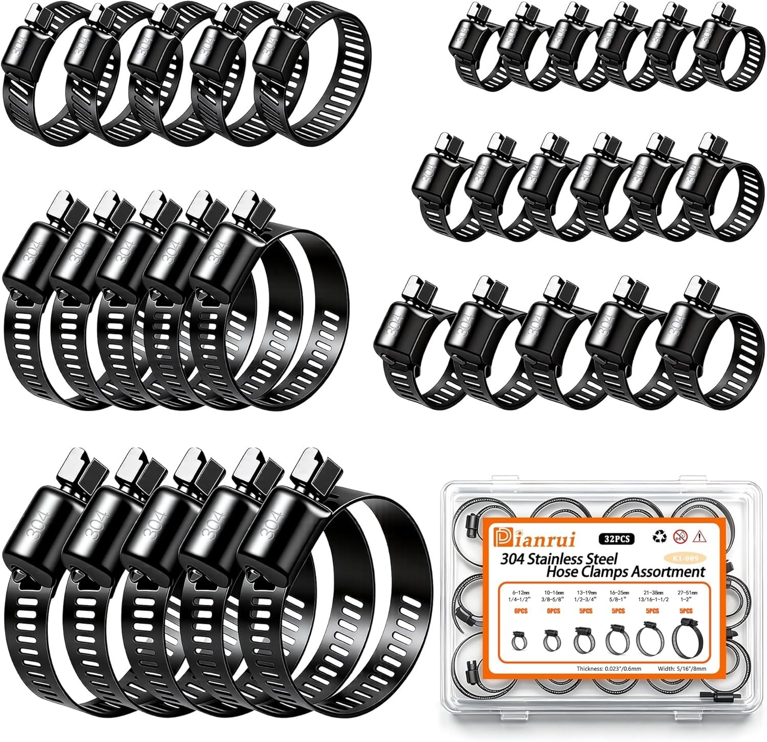 32PCS Stainless Steel Hose Clamps Kit 6-51mm Worm Gear Pipe Fuel Line Clamps