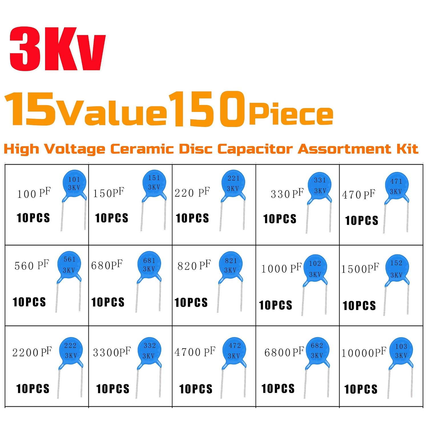 150Pcs 15Values High Voltage Ceramic Disc Capacitor Assortment Kit
