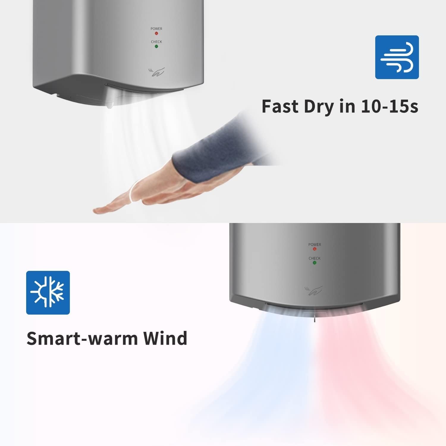 AIKE AK2630 Compact Hand Dryer 1400W – 110V Silver Air Wiper, 2-Pin Plug