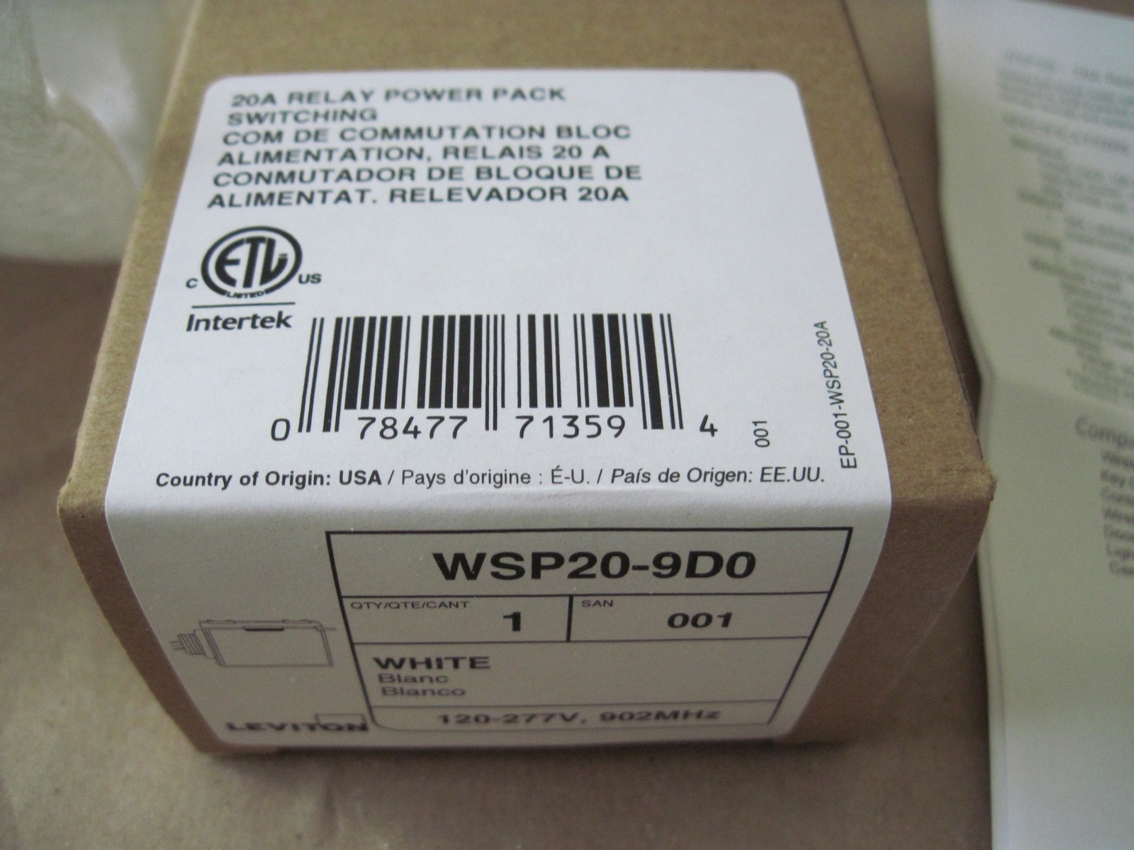 Leviton WSP20-9D0 LevNet RF Wireless Relay 20A Power Pack, 902 MHz, 100-277VAC