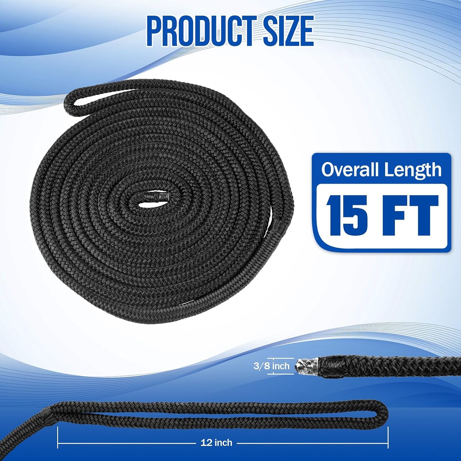 4pc 3/8″ x 15 FT Boat Dock Lines Nylon Double Braided Mooring Rope 12″ Black